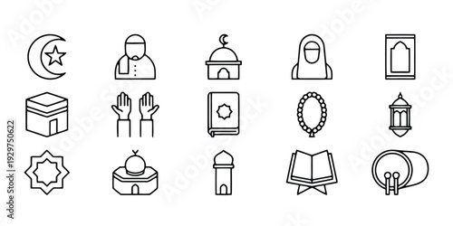 Collection of outline icons related to Islamic culture and traditions