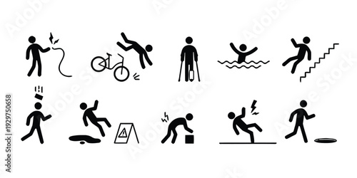 Collection of pictograms illustrating accident and safety warning scenarios