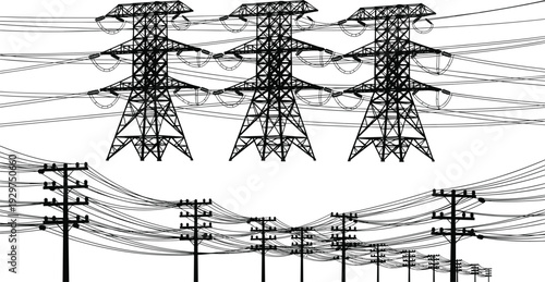 Three black power transmission towers with multiple lines and a row of wooden utility poles with wires in a minimalist line style