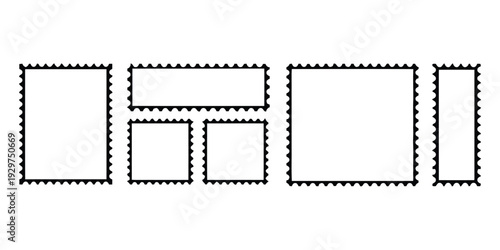 Collection of postage stamp frames with perforated edges on white background