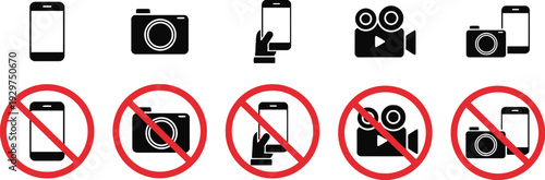 Collection of prohibition signs for cameras and smartphones, graphic icons with red circle and slash