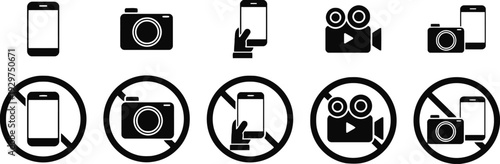 Collection of prohibition signs for cameras and smartphones, graphic icons with red circle and slash