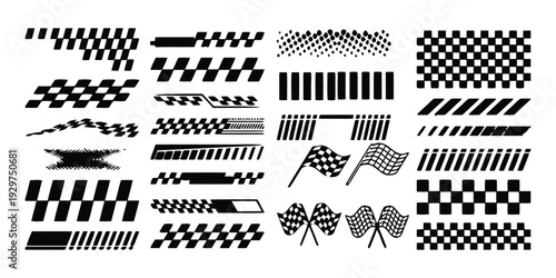 Collection of racing checkered flag and stripe graphics for speed and competition themes