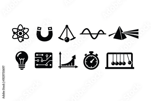 Collection of science and technology icons on white background