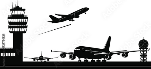 Silhouettes of airplanes and control tower at an airport with one plane taking off and another landing