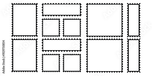 Collection of stamps in various sizes arranged in a grid pattern, representing mail and postal service elements