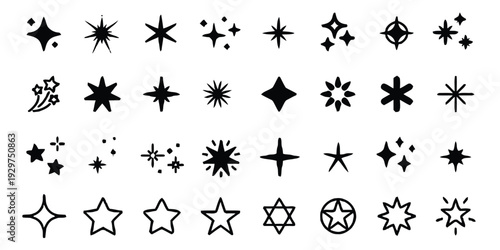 Collection of stylized star and sparkle vector icons for graphic design