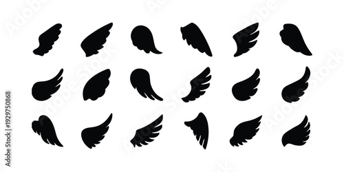 Collection of stylized wing shapes in black silhouette for abstract or symbolic use