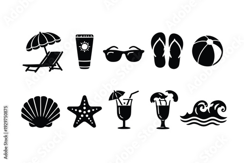 Collection of summer vacation icons and symbols, beach vacation elements