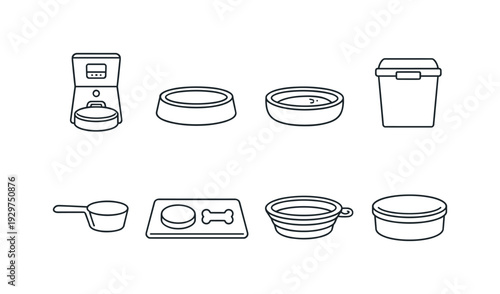 Home pet feeding accessories: automatic feeder, food bowl, water bowl, storage bin, measuring scoop, feeding mat, travel bowl, lid container. . Thin consistent