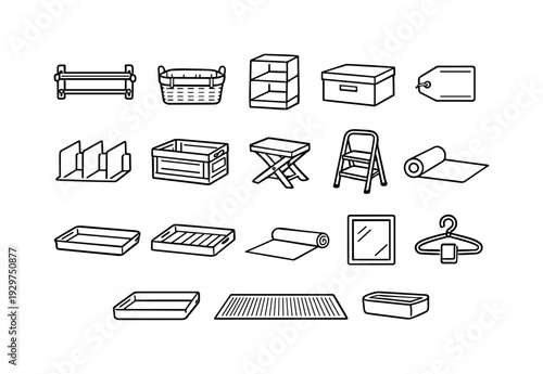 Home linen closet storage items: linear style towel rack, fabric basket, shelf organizer, storage box, label tag, divider insert, storage crate, folding stool,