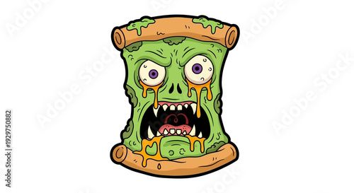 Cartoon zombie pizza creature with gooey drips, an eerie Halloween food design concept