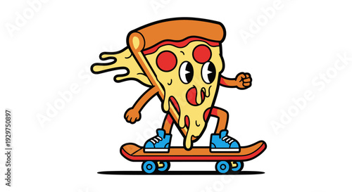 Dynamic Cartoon Pizza Slice Character Shredding on a Skateboard with Melted Cheese