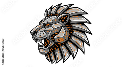 Dynamic mechanical lion head emblem showcasing strength and raw power with futuristic design
