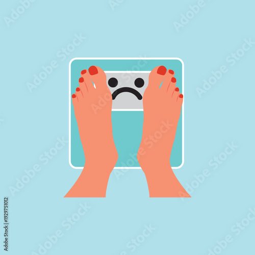 Top view of woman's feet on bathroom scale with sad face display, representing weight control, dieting, and fitness challenges against colored background.