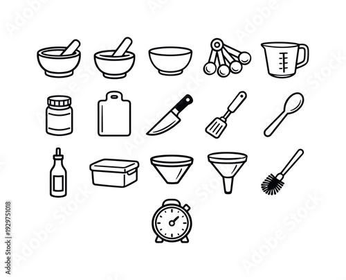 Home curry paste preparation tools: linear style mortar, pestle, mixing bowl, measuring spoon, measuring cup, spice jar, cutting board, chef knife, spatula,