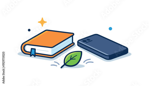 Digital detox and intentional offline time in a technology-saturated lifestyle, a smartphone turned face down beside a book and a small leaf symbolizing mindful