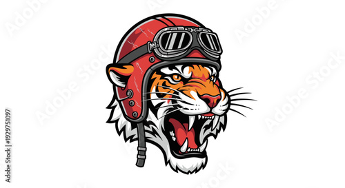 Fierce tiger head in vintage pilot helmet with goggles illustration concept