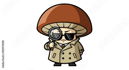 Whimsical mushroom investigator character with magnifying glass and trench coat