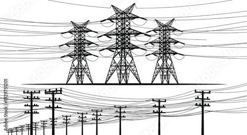 Three tall black power transmission towers with multiple wires and smaller utility poles in the foreground