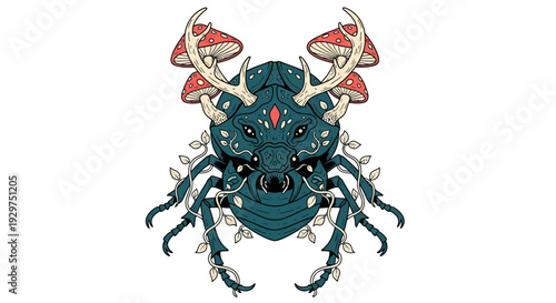 Enchanted Forest Beetle with Mystical Mushroom Antlers and Intricate Details