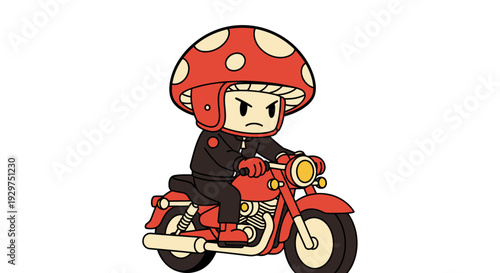 Dynamic cartoon character with mushroom headgear fiercely riding a retro motorbike illustration