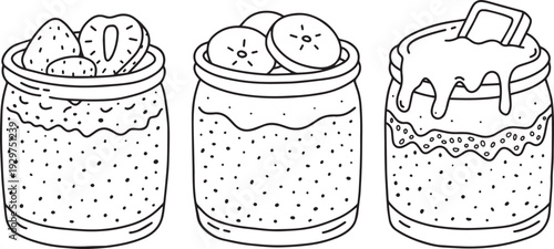 chia pudding jars with fruit and chocolate coloring page overnight oats jars illustration healthy breakfast