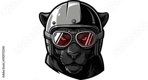 Intense Black Panther Head in Retro Biker Helmet with Goggles