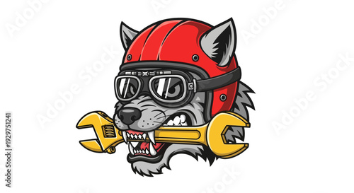 Intense Mechanic Wolf Logo with Vintage Helmet and Tool Emblem Design
