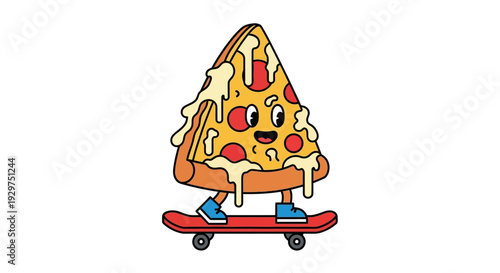 Whimsical Pizza Slice Character Joyfully Skateboarding, Fun Food Cartoon Design