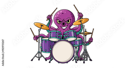Dynamic Cartoon Octopus Enthusiastically Playing a Full Drum Set with Many Tentacles