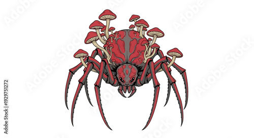 Intricate fantasy illustration of a grotesque spider creature adorned with vibrant red mushrooms, a unique blend of nature and macabre art