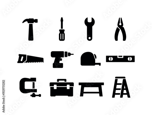 Garage hand tool kit: hammer, screwdriver, wrench, pliers, hand saw, drill, tape measure, level, clamp, toolbox, workbench, ladder