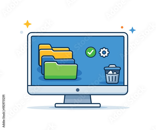 Digital file cleanup and organized workspace for improved productivity, a computer screen with neatly stacked folders and a small trash icon symbolizing