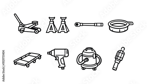 Car repair garage tools: linear style hydraulic jack, jack stand, torque wrench, oil drain pan, creeper board, impact wrench, shop vacuum, work light