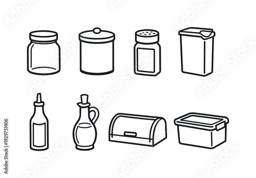 Home pantry containers: linear style glass jar, storage canister, spice jar, cereal container, oil bottle, vinegar bottle, bread box, storage bin
