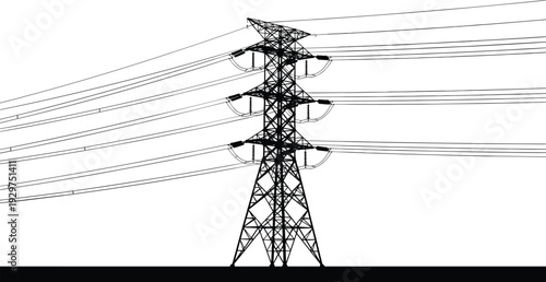 Tall black metal electricity transmission tower with multiple power lines extending diagonally in a white background