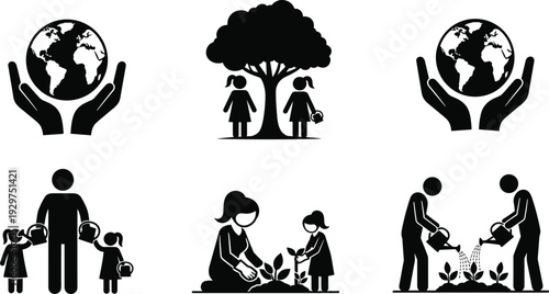 Black and white depicting people caring for the environment and children hands