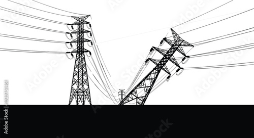 Two tall electrical transmission towers with numerous power lines against a white background electrical tower