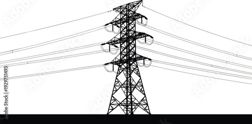 Tall black metal electricity transmission tower with multiple power lines extending outward against a white background