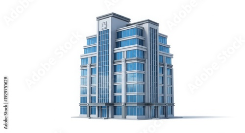 Modern corporate office building illustration. 3D render of a contemporary glass skyscraper architecture isolated on White Background