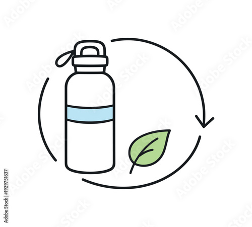 Sustainable daily choices and environmentally responsible lifestyle habits integrated into modern life, a reusable bottle next to a small leaf and a circular