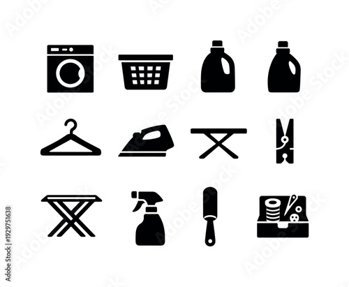 Laundry essentials: washing machine, laundry basket, detergent bottle, fabric softener bottle, clothes hanger, iron, ironing board, clothespin, drying rack,