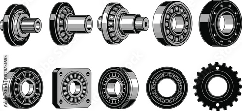 Various types of black and silver mechanical bearings and gears in different configurations