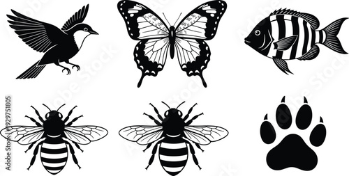 Black and white of a bird, butterfly, fish, bees, and paw print