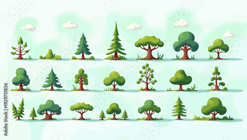 A cheerful, vector illustration of various trees on a light blue background, perfect for backgrounds, children's books, or environmental themes.  It e
