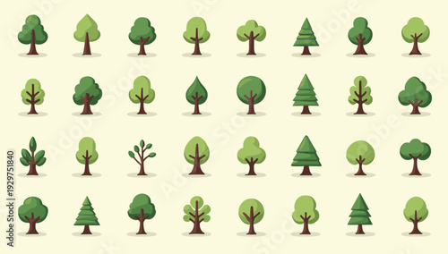 A playful and bright vector illustration of various stylized trees, ideal for backgrounds, children's media, or environmental themes. Creates a cheerf