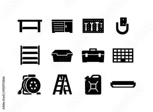 Garage workshop equipment: workbench, tool cabinet, pegboard panel, wall hook, shelving unit, storage bin, toolbox, parts organizer, extension cord reel, ladder