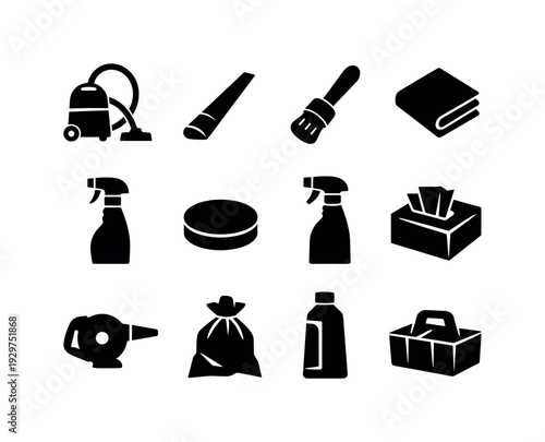 Car interior detailing tools: vacuum cleaner, crevice nozzle, detailing brush, microfiber cloth, spray bottle, foam applicator, leather brush, seat cleaner