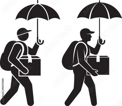 Courier with package under umbrella walking